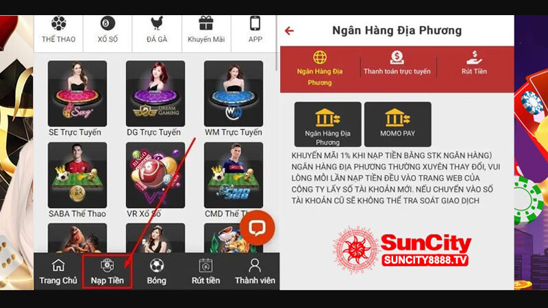 Nạp tiền Suncity 2 Các phương thức nạp tiền Suncity